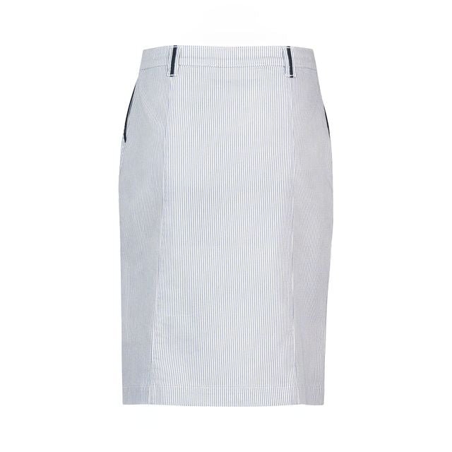 Knee Length Skirt with Contrast Buttons and Trim - Ink/White Stripe