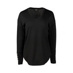 Merino V-Neck Top With Button Cuff Detail - Black