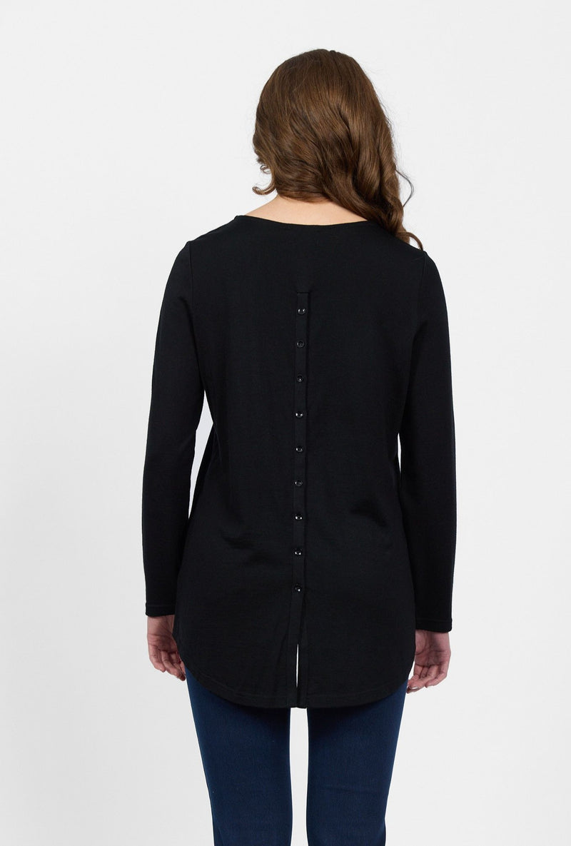 Merino Long Sleeve Top With Back Button Placket - Black