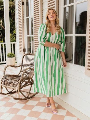 Spritz Stripe Dress - Green Briar/White Stripe