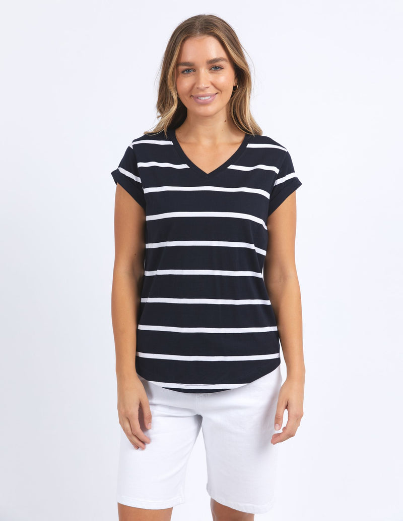 Manly Stripe Vee Tee - Dark Sapphire/White Stripe