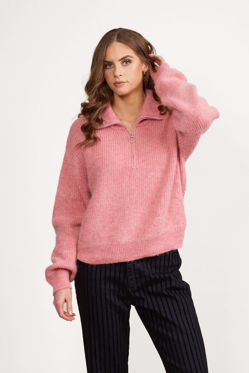 Relaxed Fit Half Zip Sweater with Collar - Rose Pink