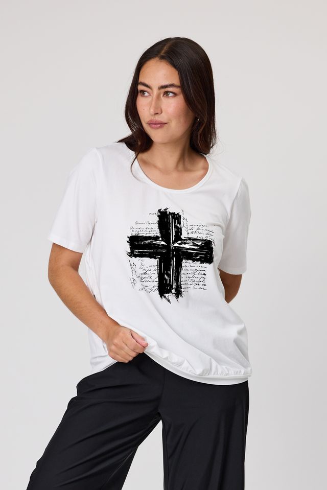June Pleat Tee - White w Black Cross