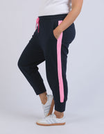 Brunch Pant - Side Tape - Navy with Neon Pink Tape