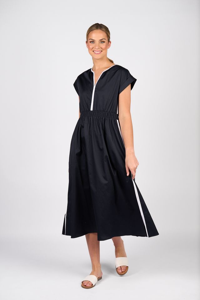 Vneck Shirred Waist Dress with Contrast Trim and Pockets - Ink/White