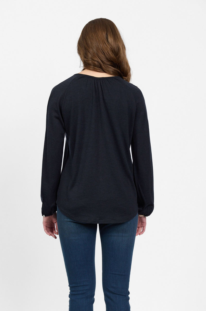 Merino Round Neck Top With Front Keyhole - Midnight