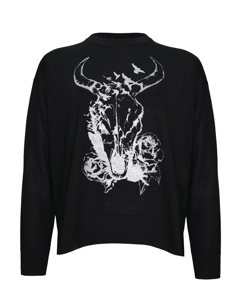 Skull & Bird Merino Sweater - Black