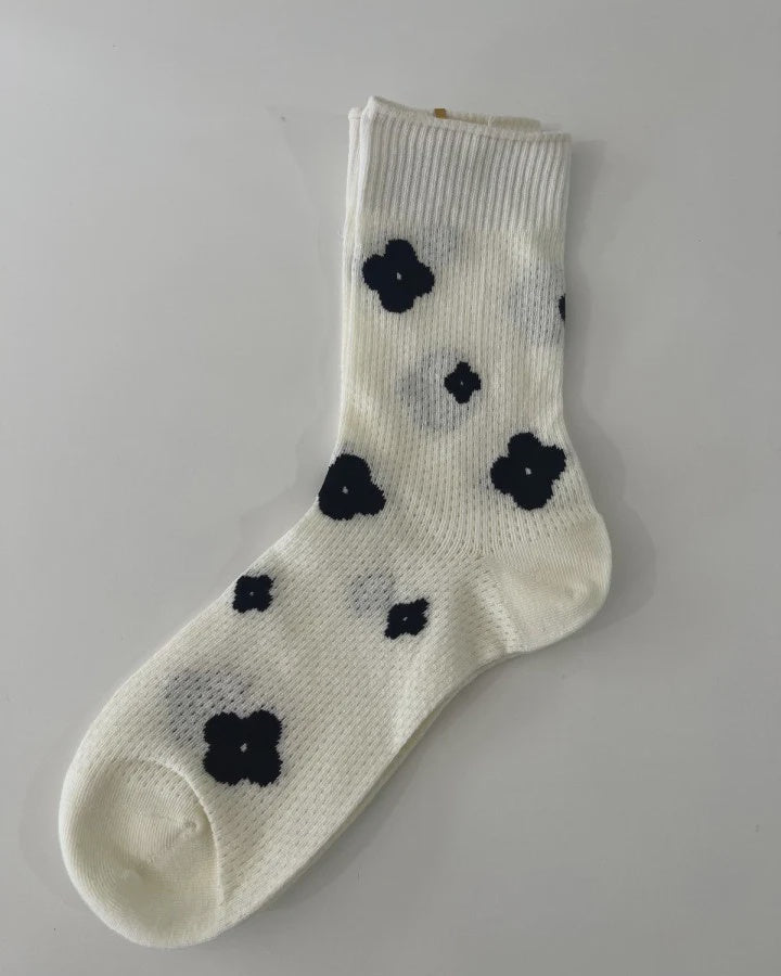 Socks - Cream Sheer with Black Flowers