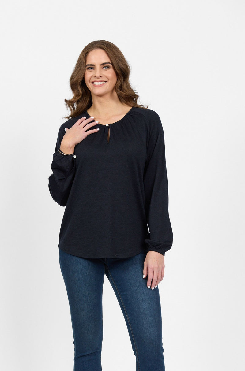 Merino Round Neck Top With Front Keyhole - Midnight