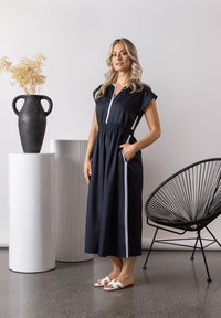 Vneck Shirred Waist Dress with Contrast Trim and Pockets - Ink/White