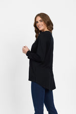 Merino Long Sleeve Top With Back Button Placket - Black