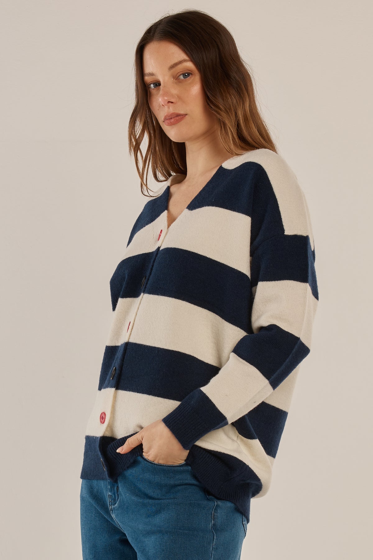 Maybelle Knit Cardigan - Navy/Off White Stripe