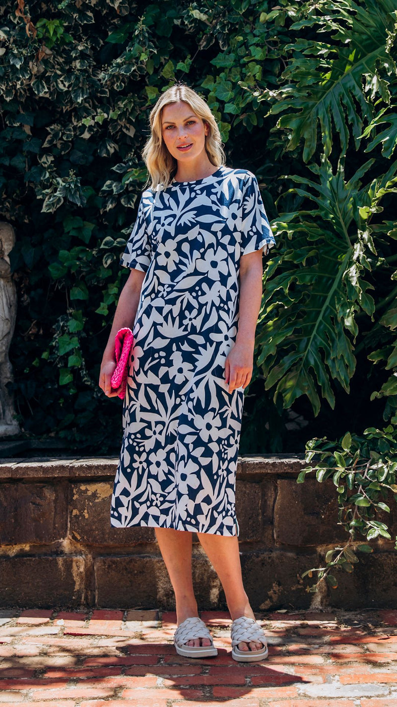 Stencil Floral Tee Dress - Naval Blue Floral Print