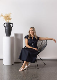 Vneck Shirred Waist Dress with Contrast Trim and Pockets - Ink/White
