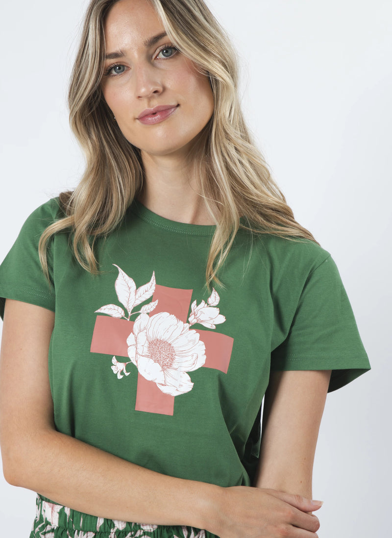 Vintage Green Floral With Cross T-Shirt