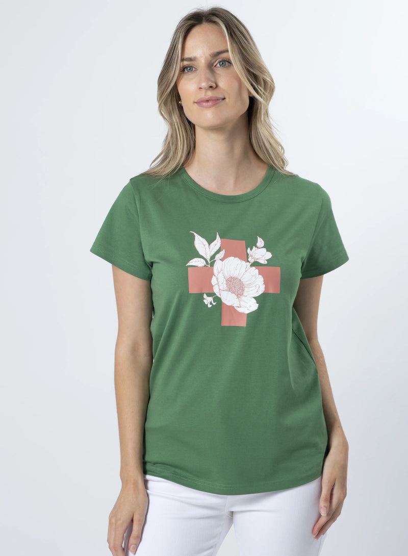 Vintage Green Floral With Cross T-Shirt