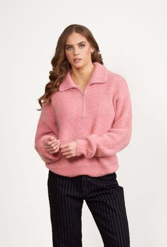 Relaxed Fit Half Zip Sweater with Collar - Rose Pink