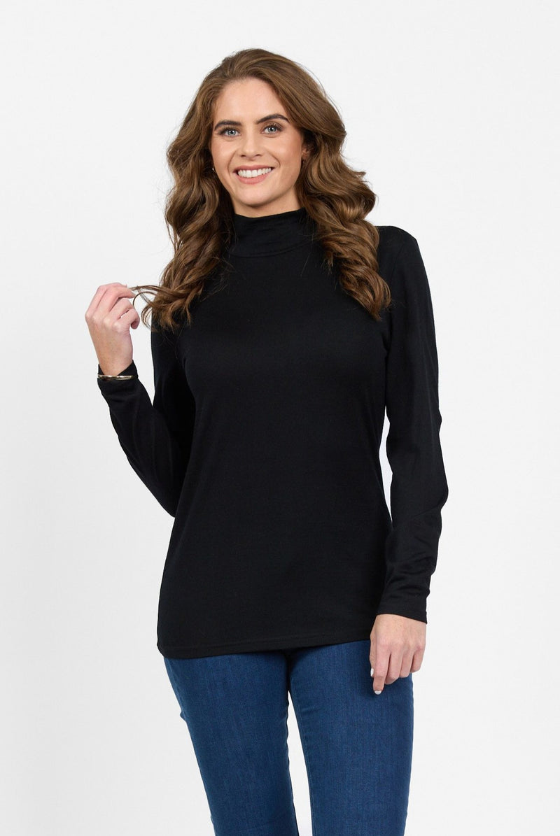 Merino Basic Long Sleeve Polo Neck Top - Black