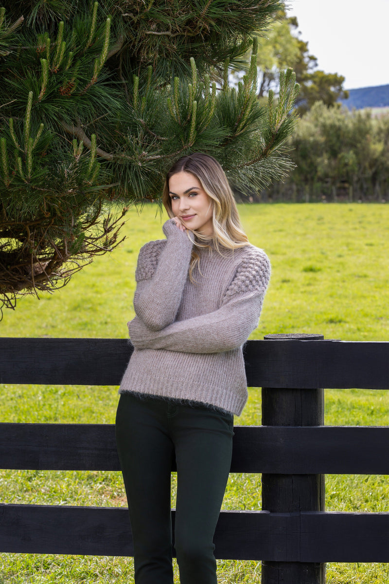 Bobble Detail Sweater with High Neck - Twig