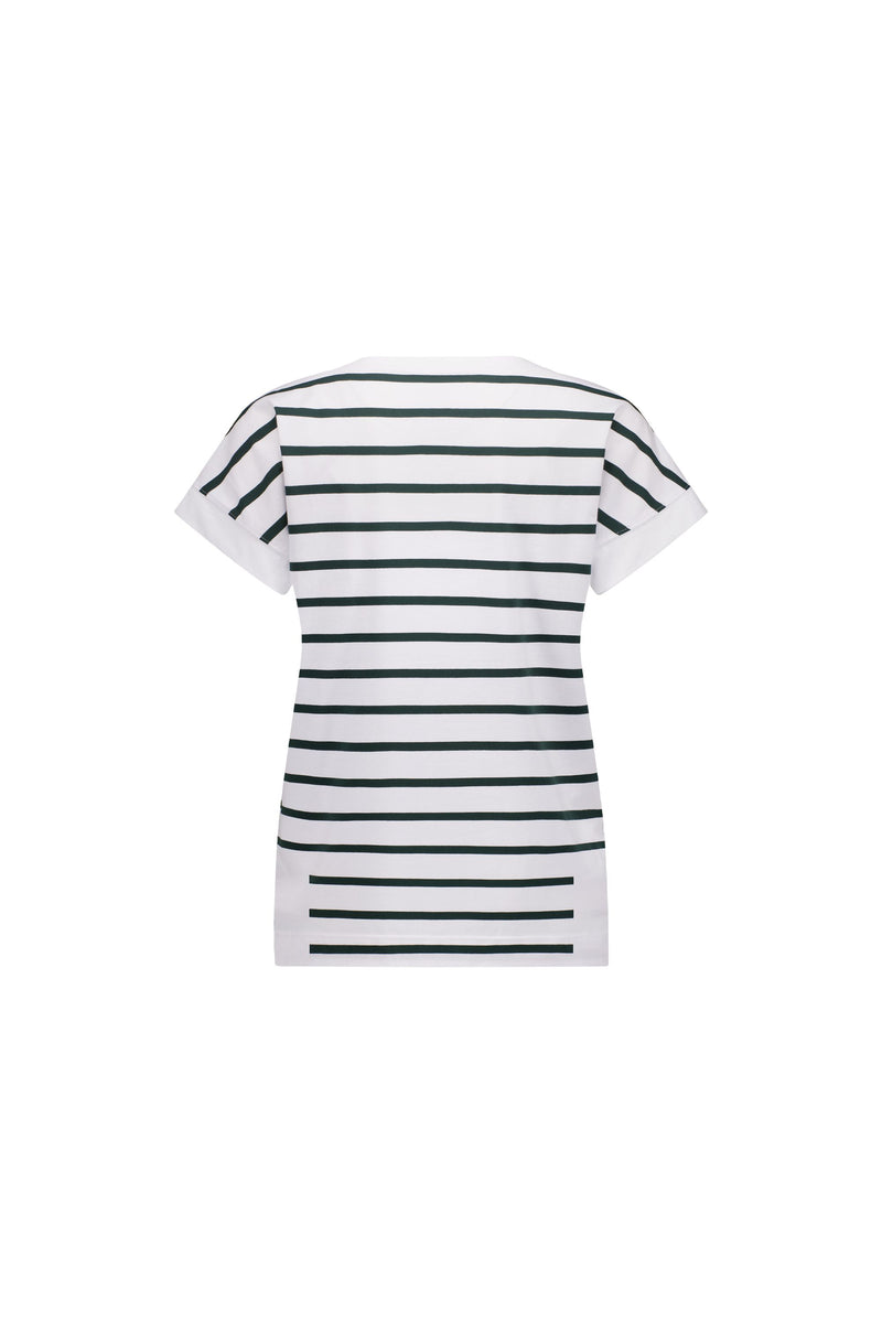 Drop Sleeve Top with Stepped Hem - White/Forest Stripe