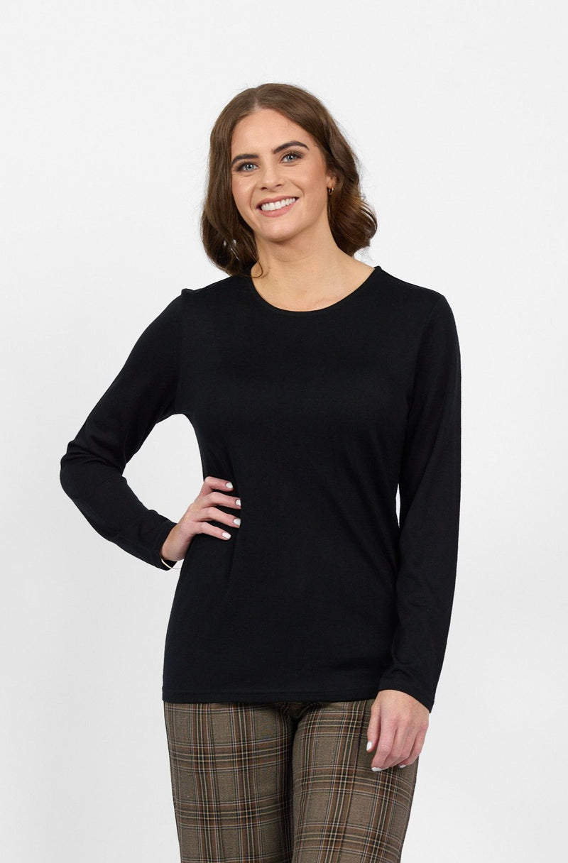 Merino Basic Long Sleeve Crew Neck Top - Black