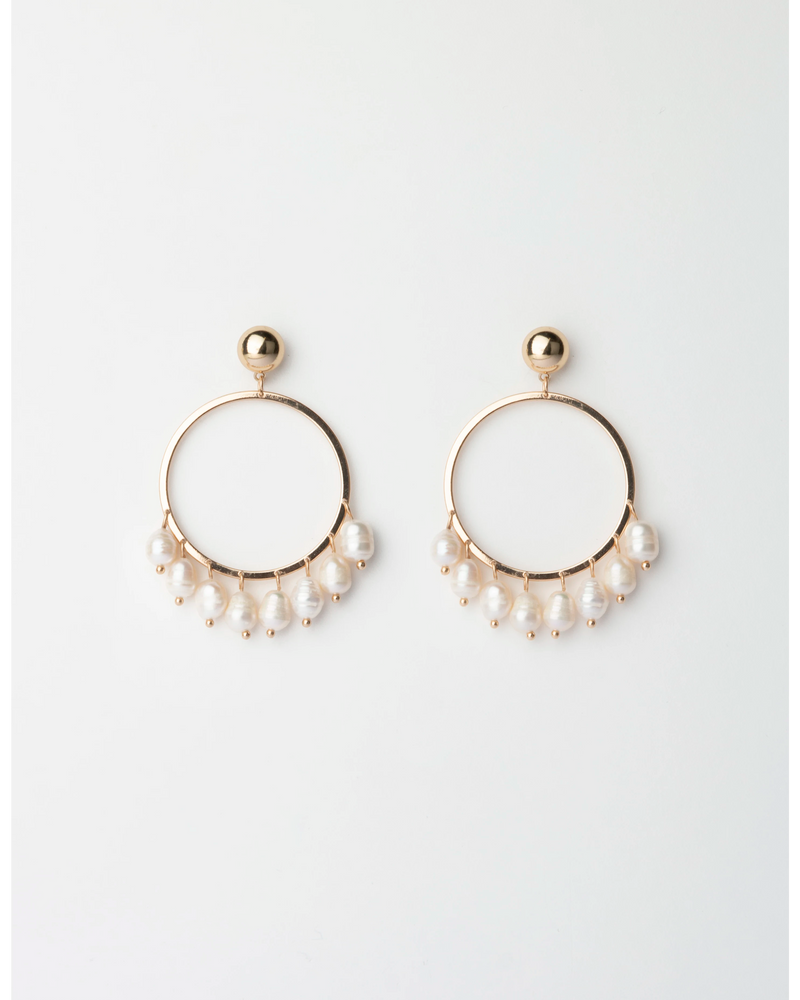 Large Circle Earrings w Hanging Pearls - Gold