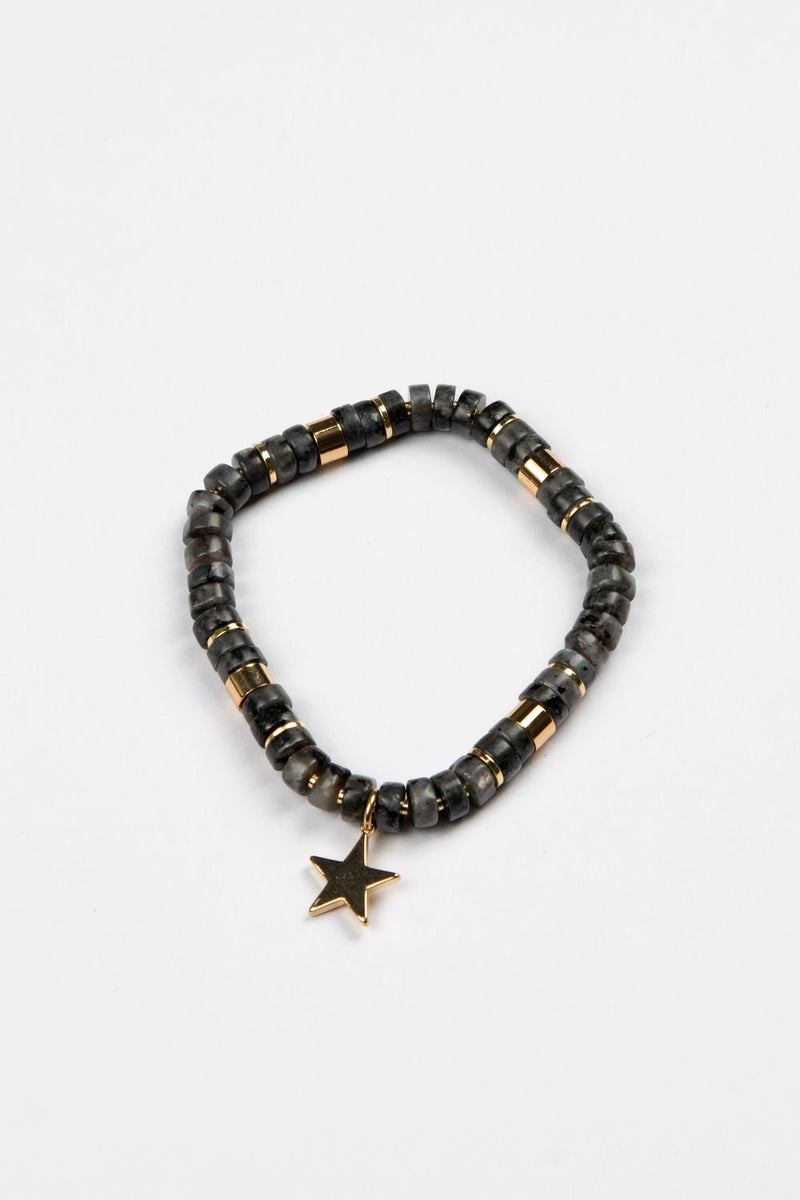Black Labrodite Stretch Bracelet with Gold Beads.