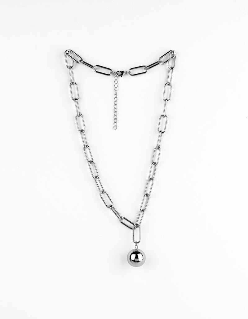 Large Link Chain Necklace w Ball Pendant - Silver.